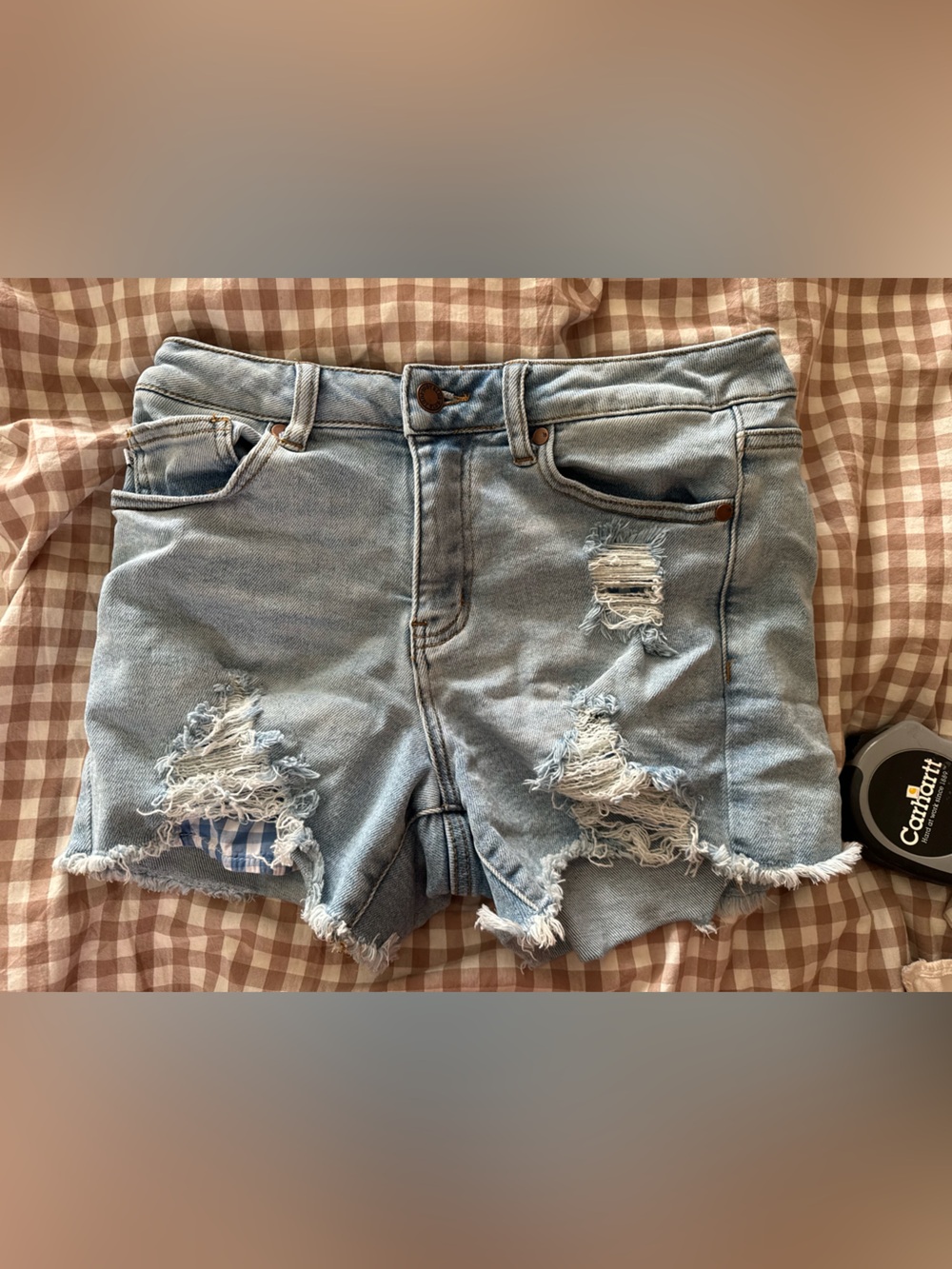 Judy blue distressed jeans with blue gingham size medium 4 inch inseam